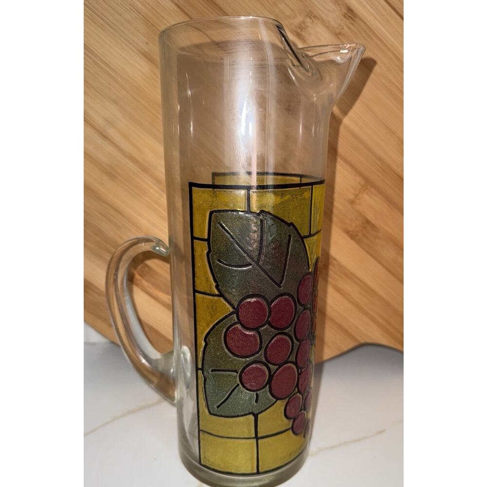 Vintage Libbey Pitcher With Grape Pattern Faux Stain Glass Ice Stopper Spout